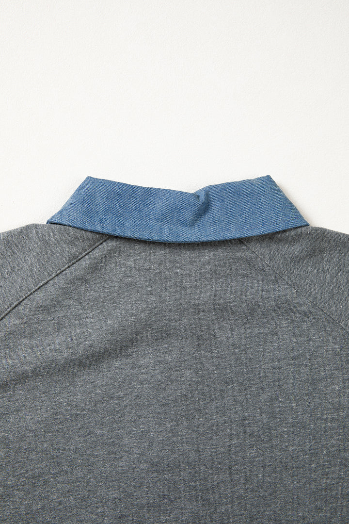 Carbon Grey Denim Color Block Patchwork Shirt Collar Short Sleeve Blouse