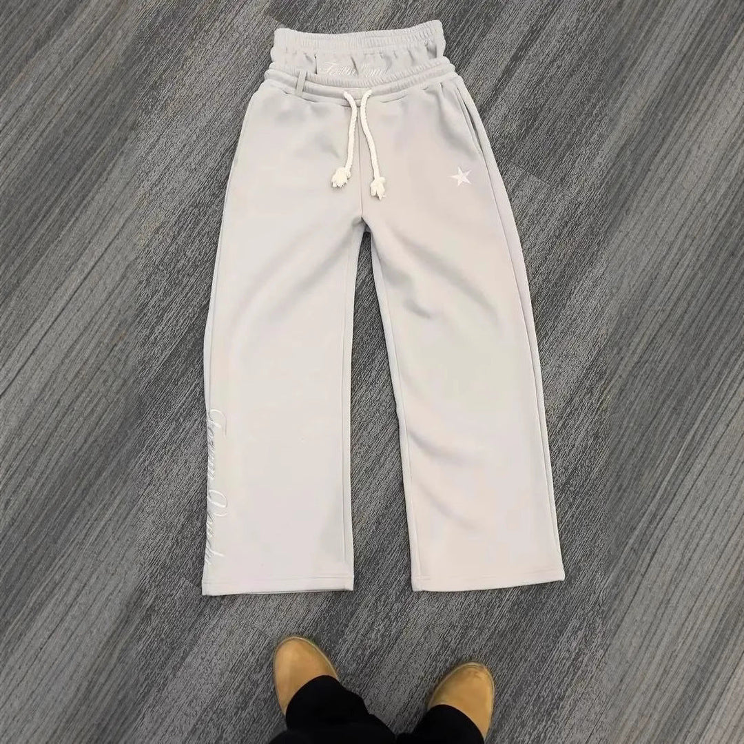 Trendy Double-waist Five-pointed Star Embroidery Couple Simple Casual Fake Two-piece Wide-leg Sweatpants