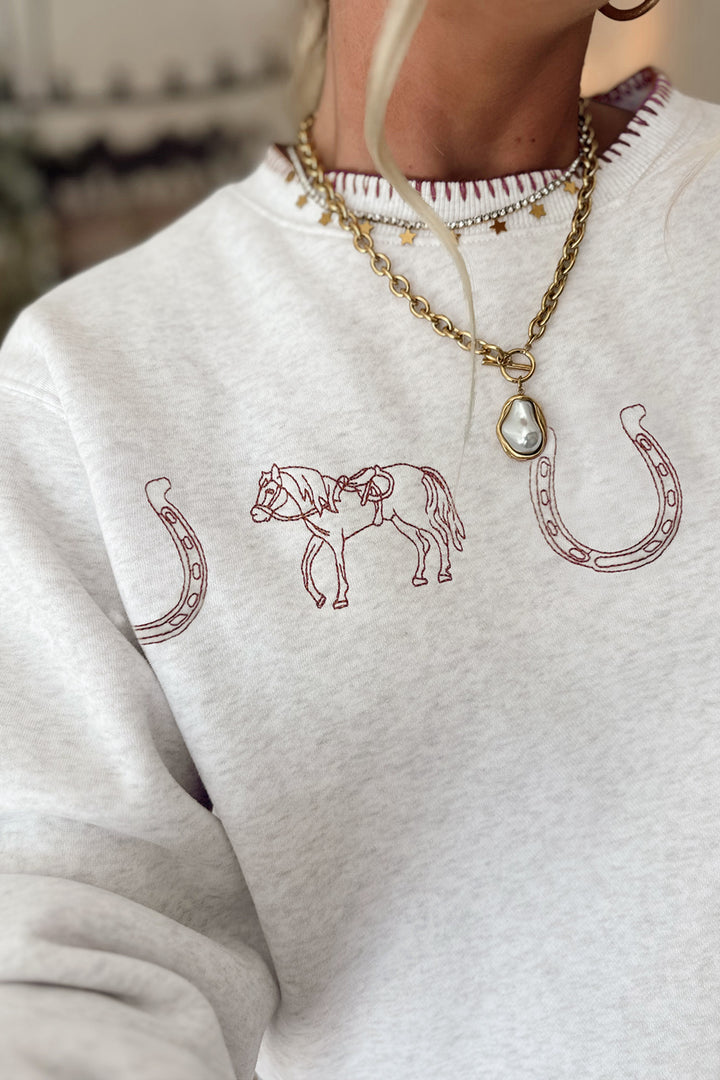 Light Grey Western Print Embroidered Casual Sweatshirt