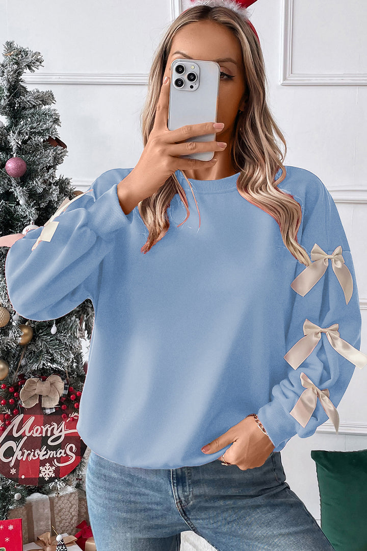 Myosotis Contrast Bow Decor Dropped Sleeve Crewneck Sweatshirt