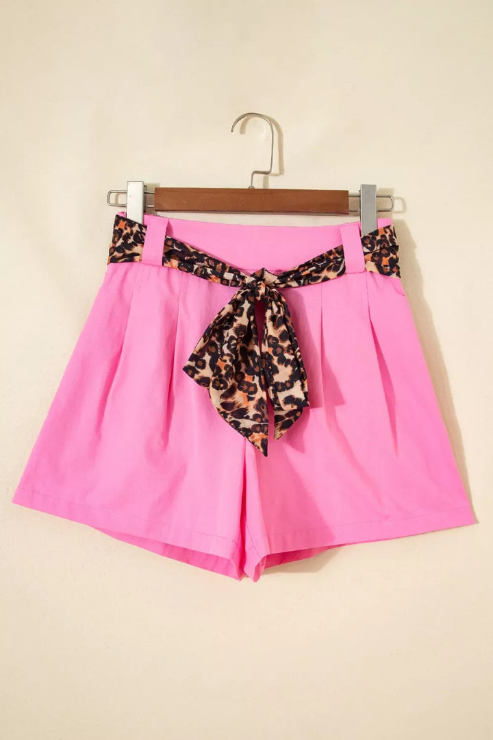 Leopard Contrast Sash Belt Pleated Wide Leg Shorts