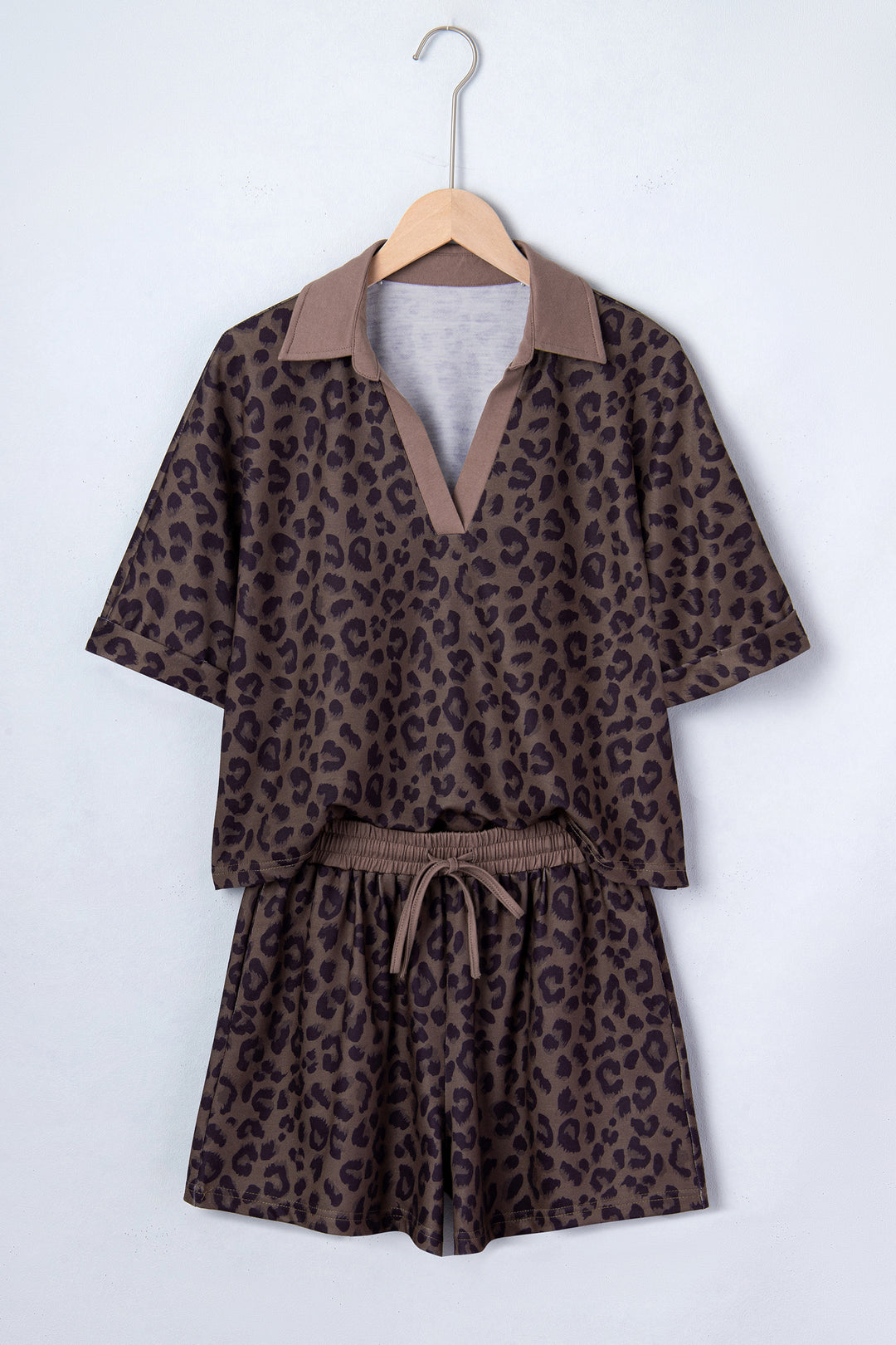 Brown V Neck Collar Leopard Printed 2pcs Short Set