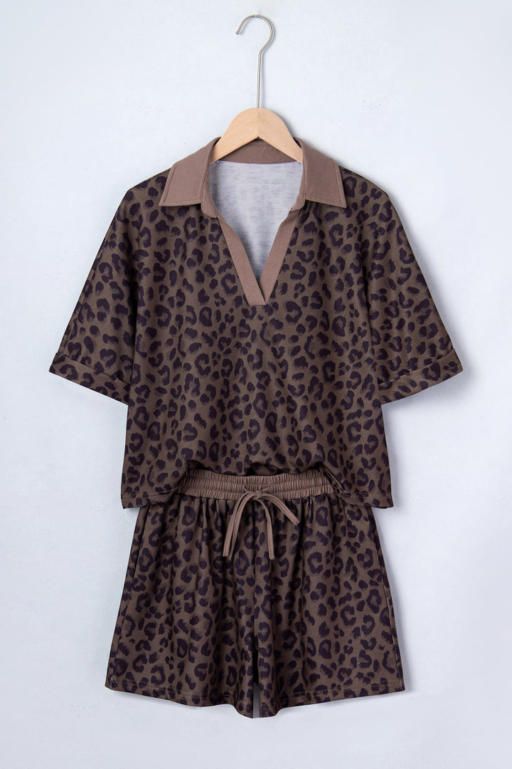 Brown V Neck Collar Leopard Printed 2pcs Short Set