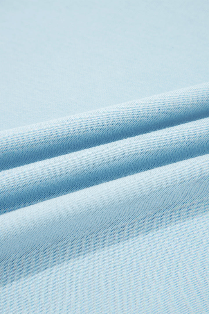 Mist Blue Solid Color Ribbed Trim Short Sleeve Top Drawstring Loose Pants 2pcs Outfit