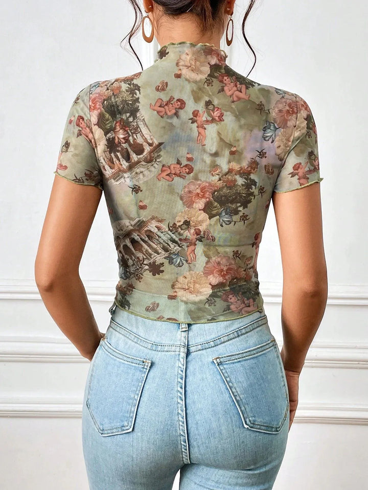 Abstract Print Ruffled Mock Neck Crop T-Shirt