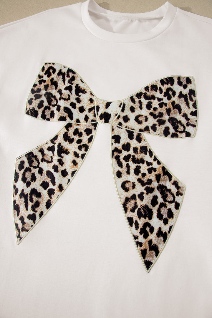 White Contrast Leopard Bow Patched Short Sleeve T Shirt Long Dress