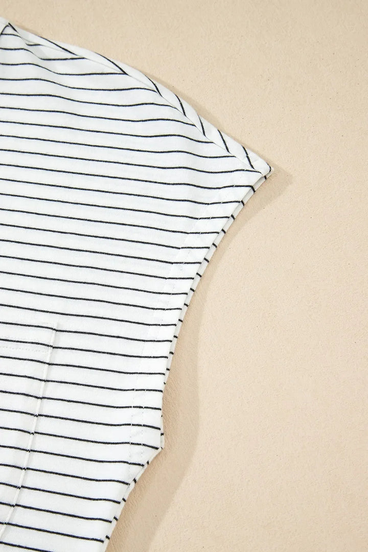 Stripe Cap Sleeve Crew Neck Casual Tee with Chest Pocket