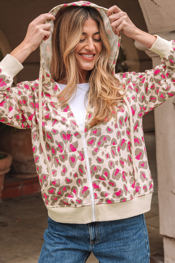 Rose Leopard Print Zip-up Hooded Sweatshirt