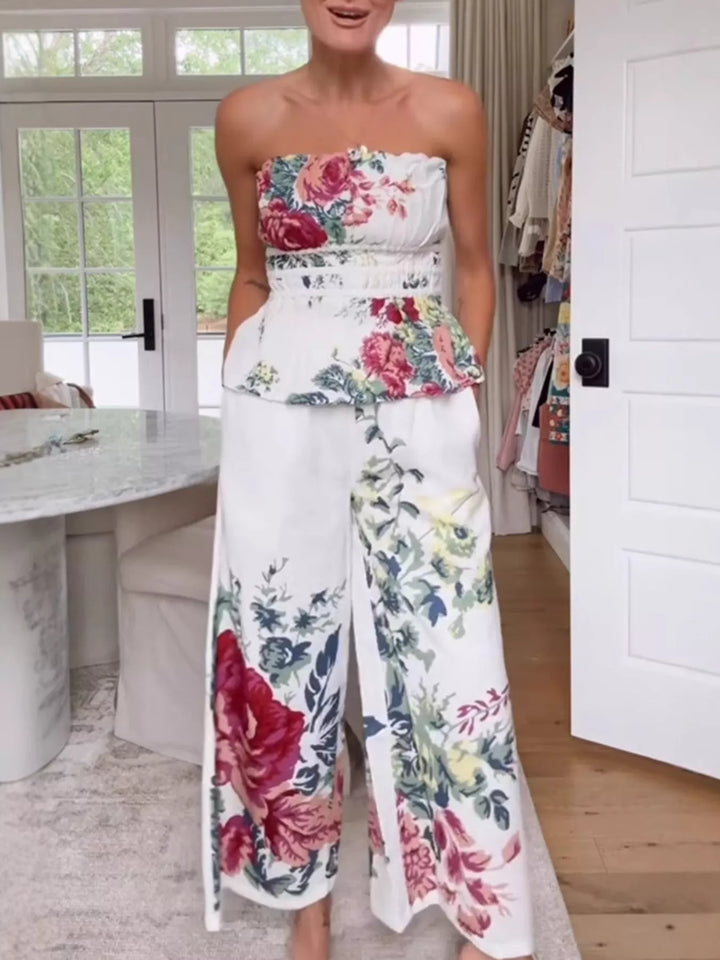 Floral Print Strapless Top and Wide-Leg Pants Set