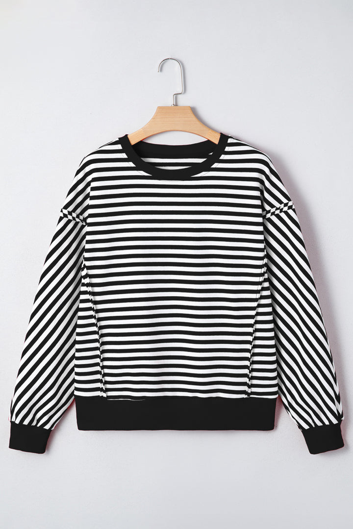 Black Stripe Exposed Seam Drop Shoulder Casual Pullover Top