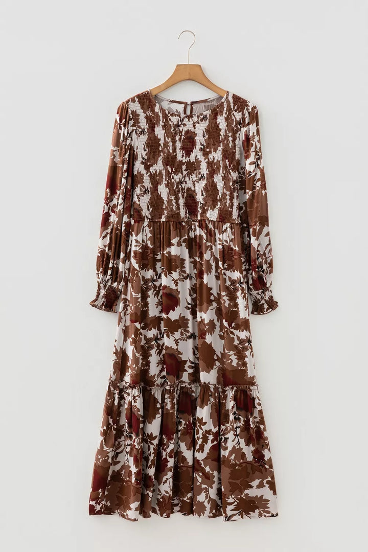 Floral Puff Sleeve Smocked Bodice Ruffled Maxi Dress