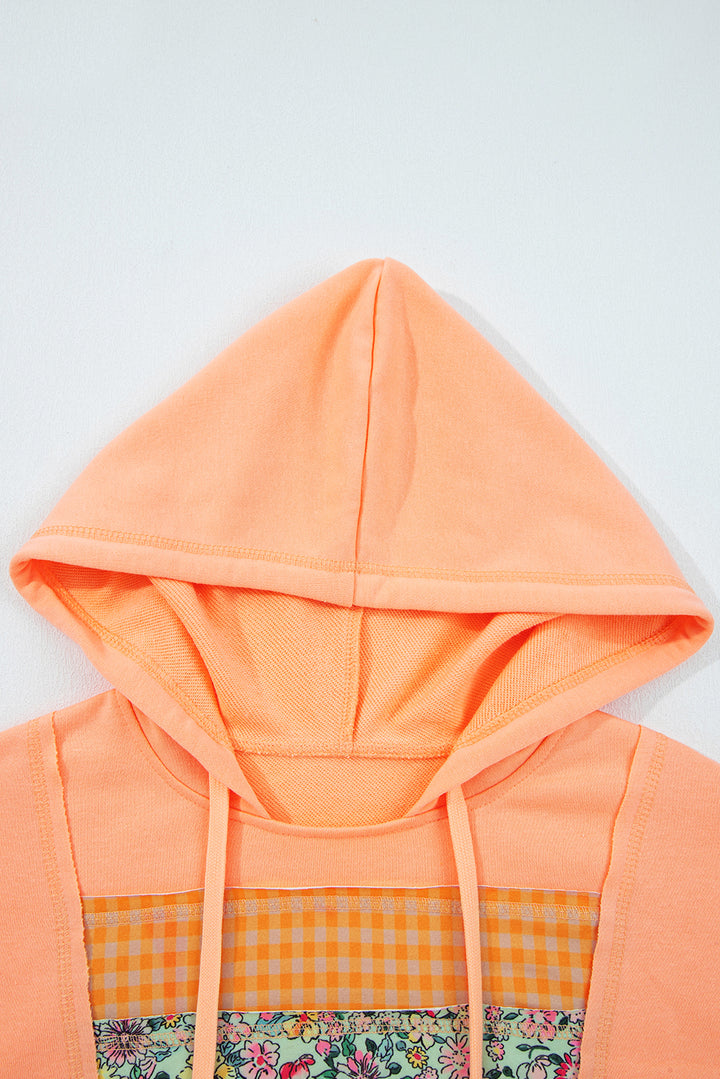 Grapefruit Orange Plaid Floral Patchwork Kangaroo Pocket Hooded Long Sleeve Top