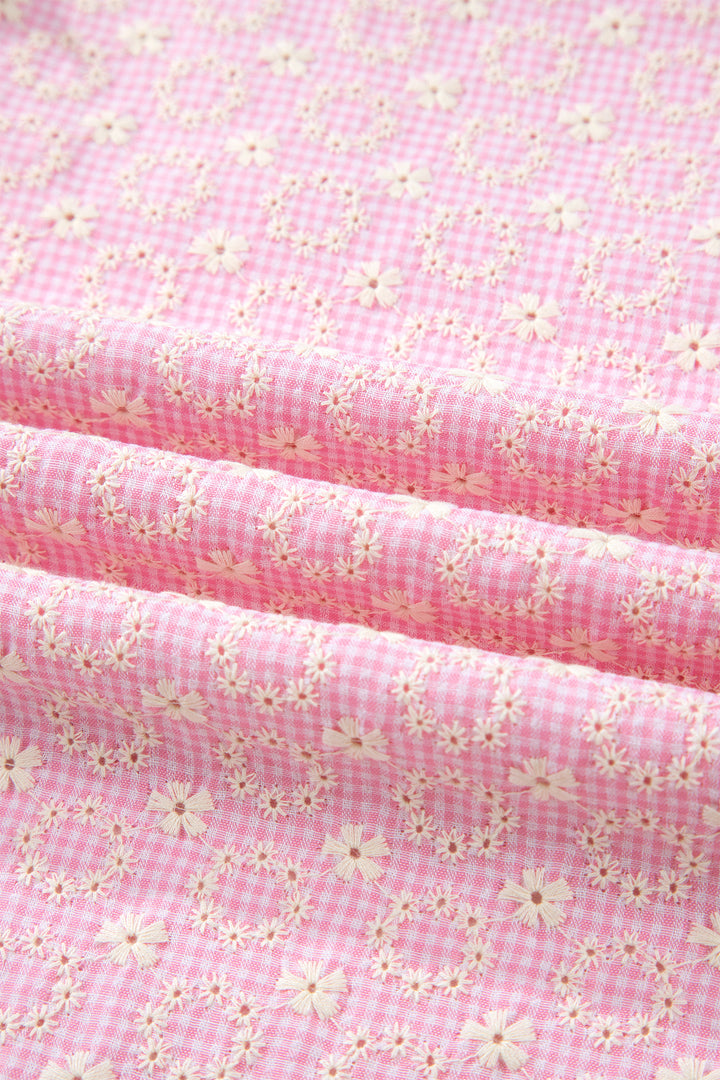 Pink Eyelet Embroidered Flower Texture Contrast Lace Trim Flutter Sleeve Blouse