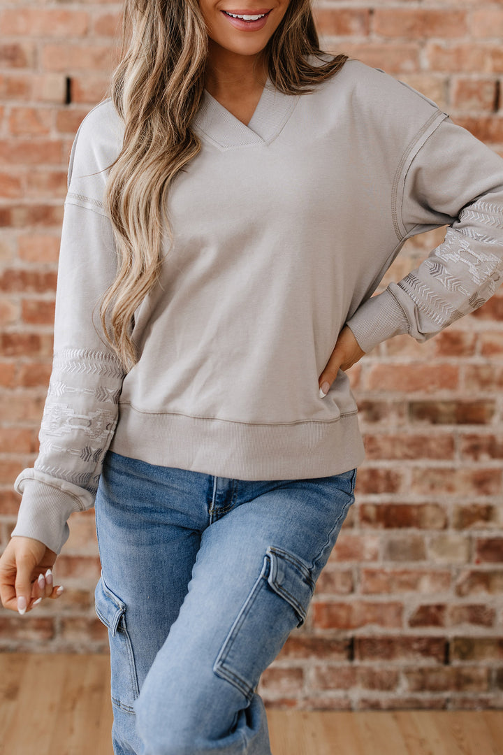 Parchment Aztec Embroidered Western V Neck Sweatshirt
