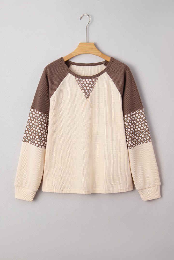 Brown Floral Print Patchwork Color Block Long Sleeve Top