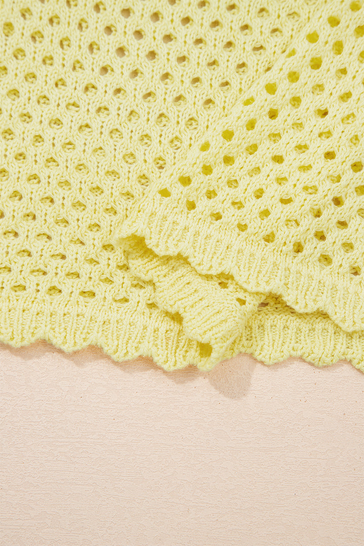 Yellow Cream Scalloped Trim Hollow Out Knit Long Sleeve Top