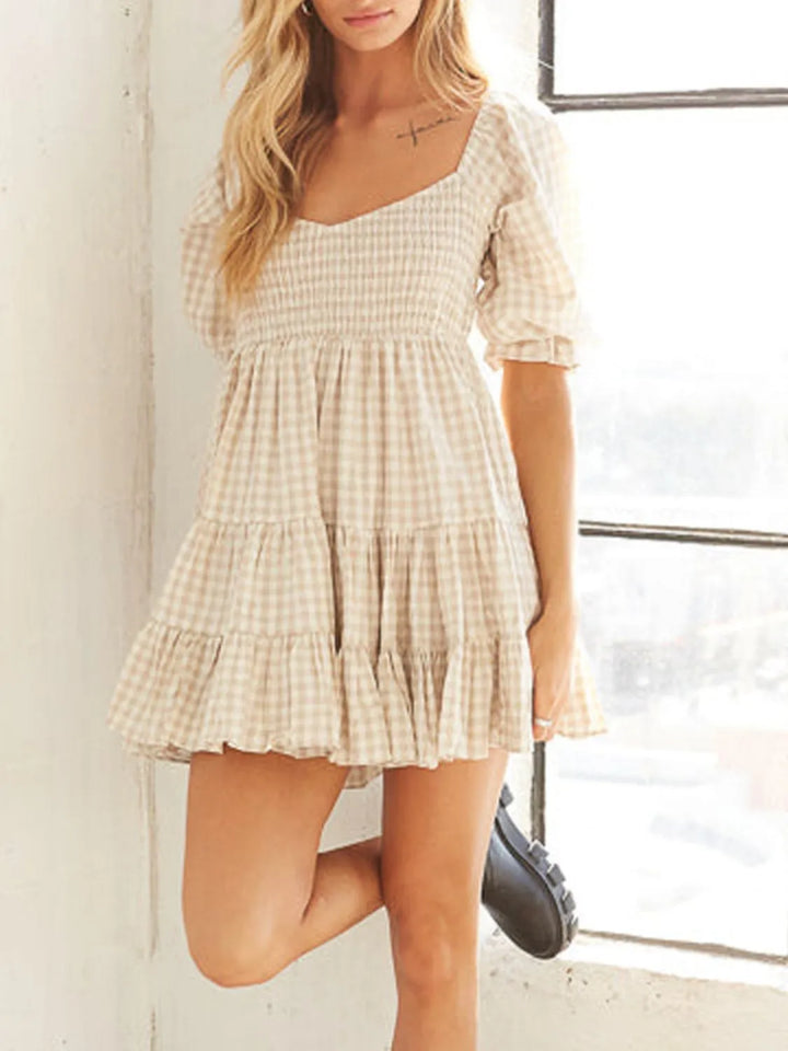 Ruffled Hem Plaid Half Sleeve Mini Dress