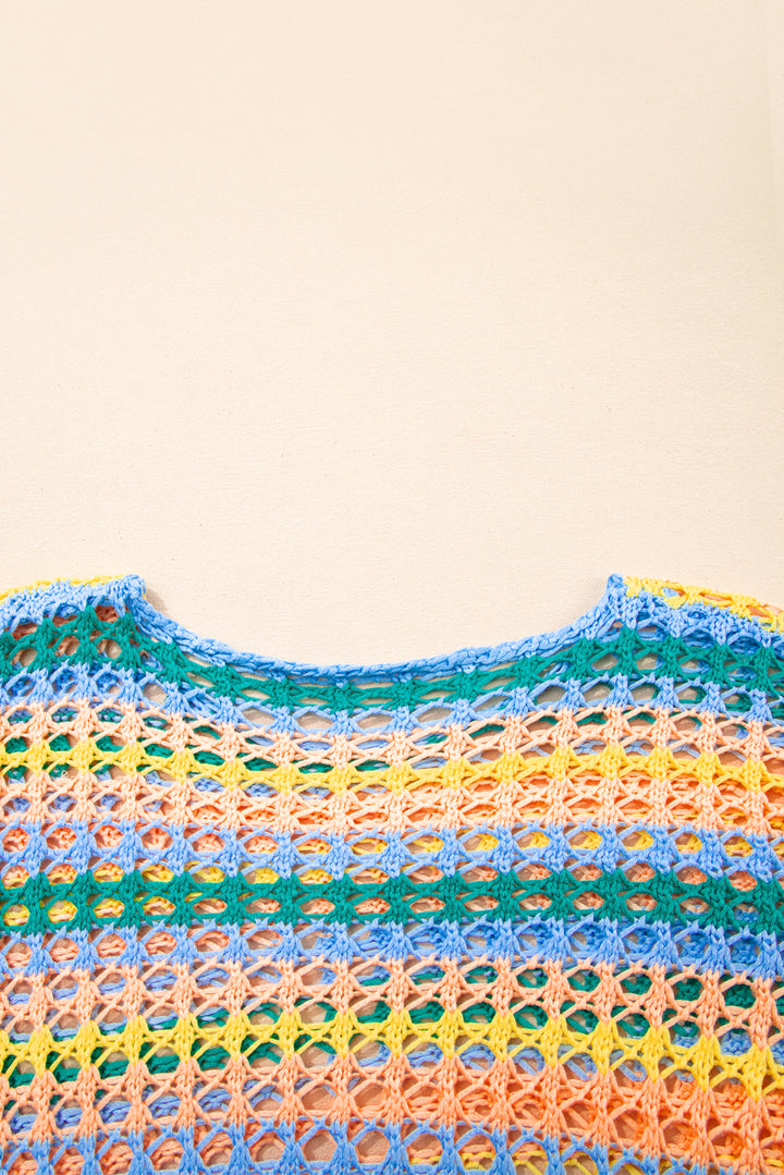 Beau Blue Multi Stripe Open Knit Sweater Beach Cover Up