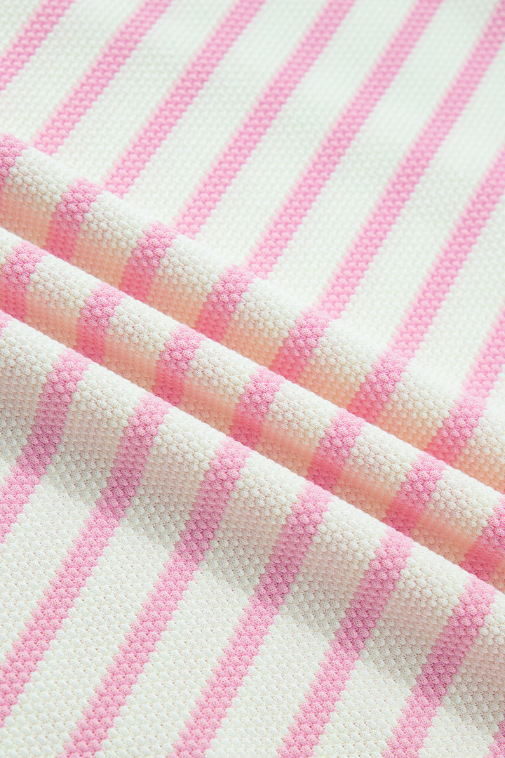 Pink Stripe Ruffled Short Sleeve Patchwork Blouse