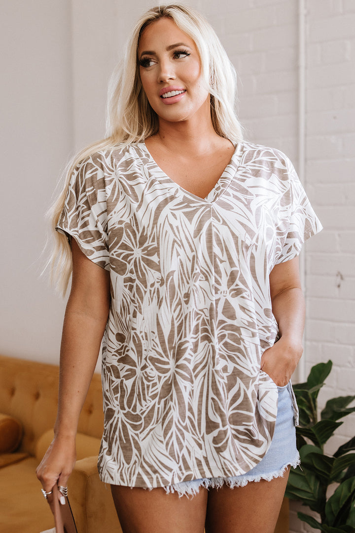 Khaki Floral Print V Neck Short Sleeve Loose Fit Blouse
