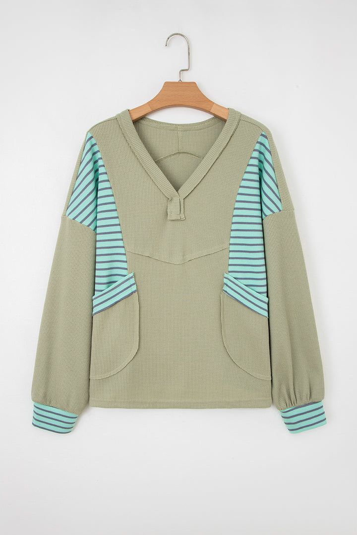 Meadow Mist Green Exposed Seam Waffle Striped Patchwork Baggy Pullover
