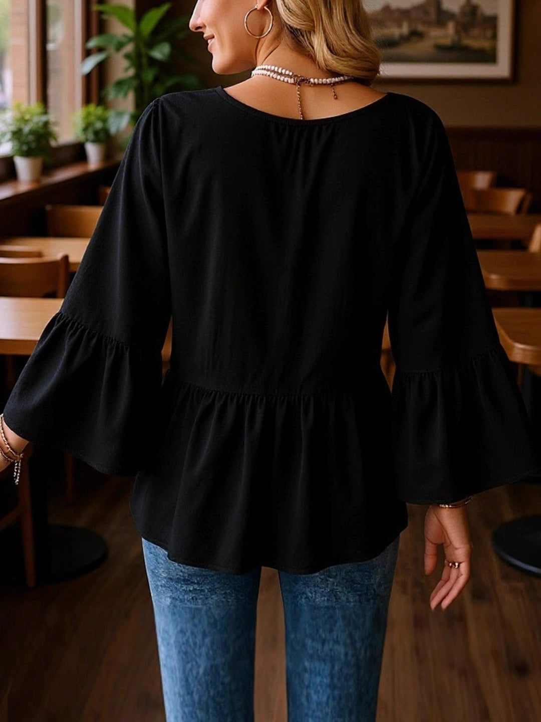 V-Neck Flounce Sleeve Blouse