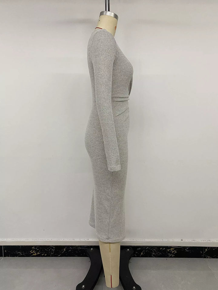 Ribbed Knit Twist Front Long Sleeve Midi Dress with Slit