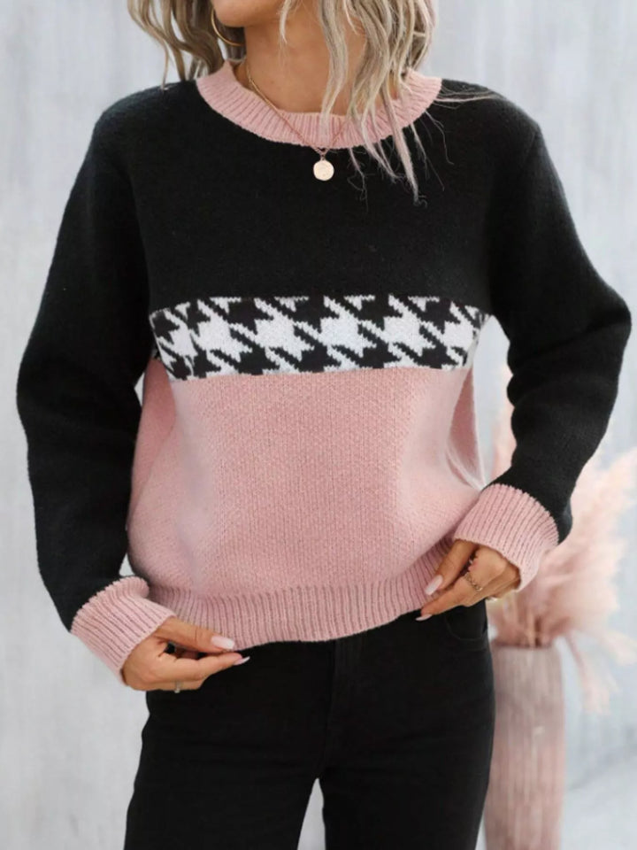Houndstooth Pattern Color Block Sweater