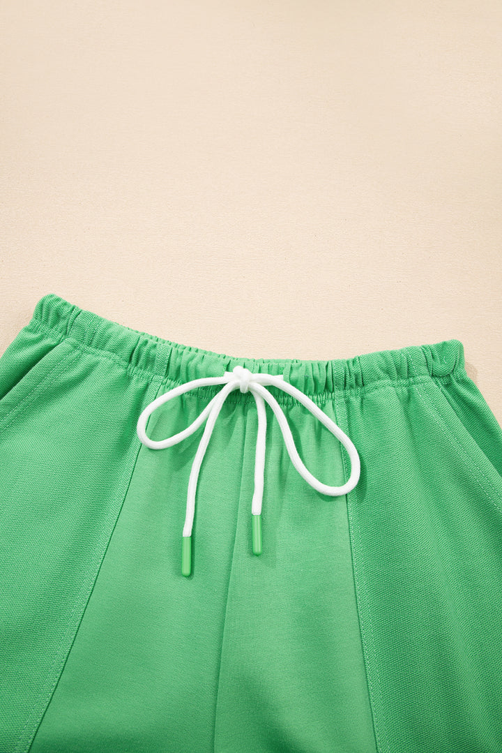 Mint Green V Neck Drop Shoulder Tee and Patchwork Drawstring Shorts Set