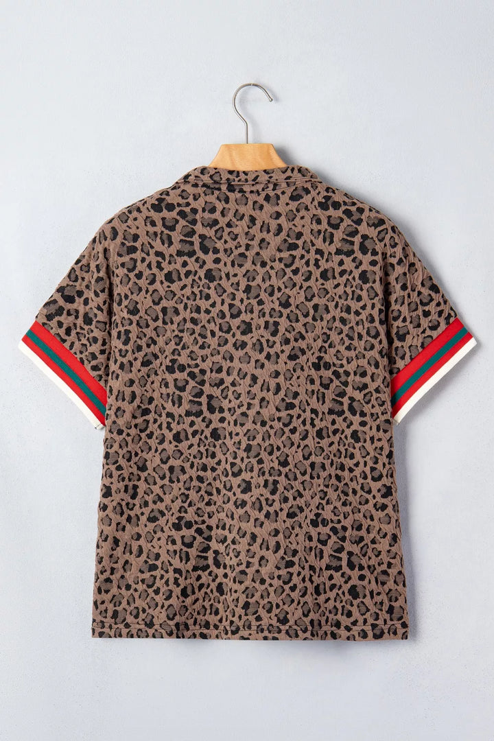 Leopard Jacquard Striped Patchwork Half Zip Short Sleeve Blouse