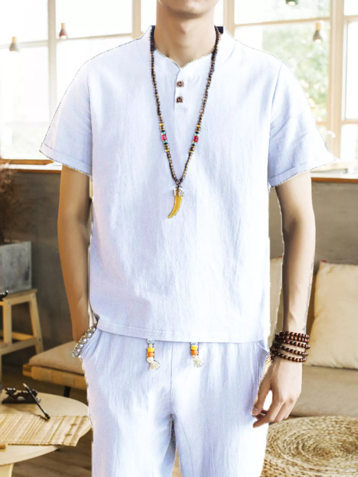 Men's Plus Size Button Detail Short Sleeve Top and Pants Set
