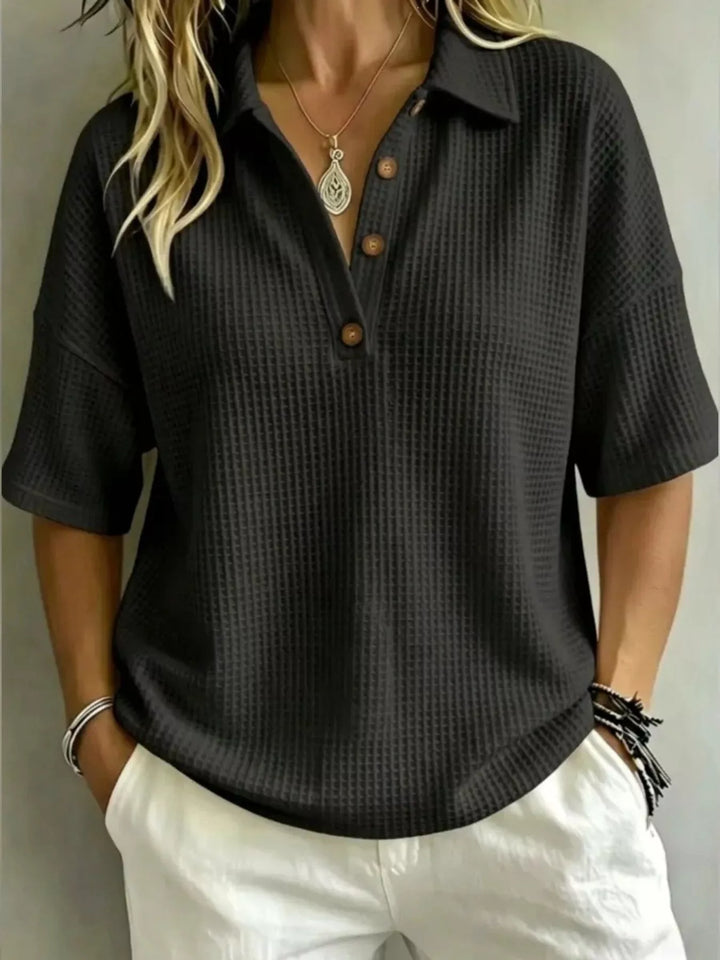 Full Size Waffle Knit Polo Top with Button Detail Plus Size