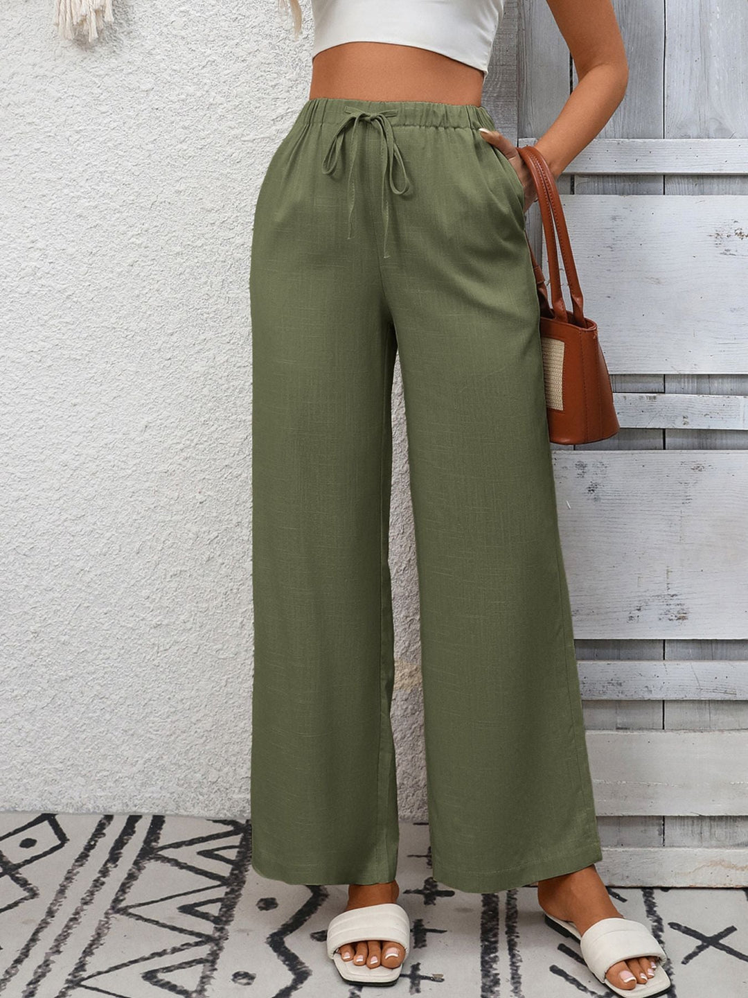 Drawstring High Waist Wide Leg Pants