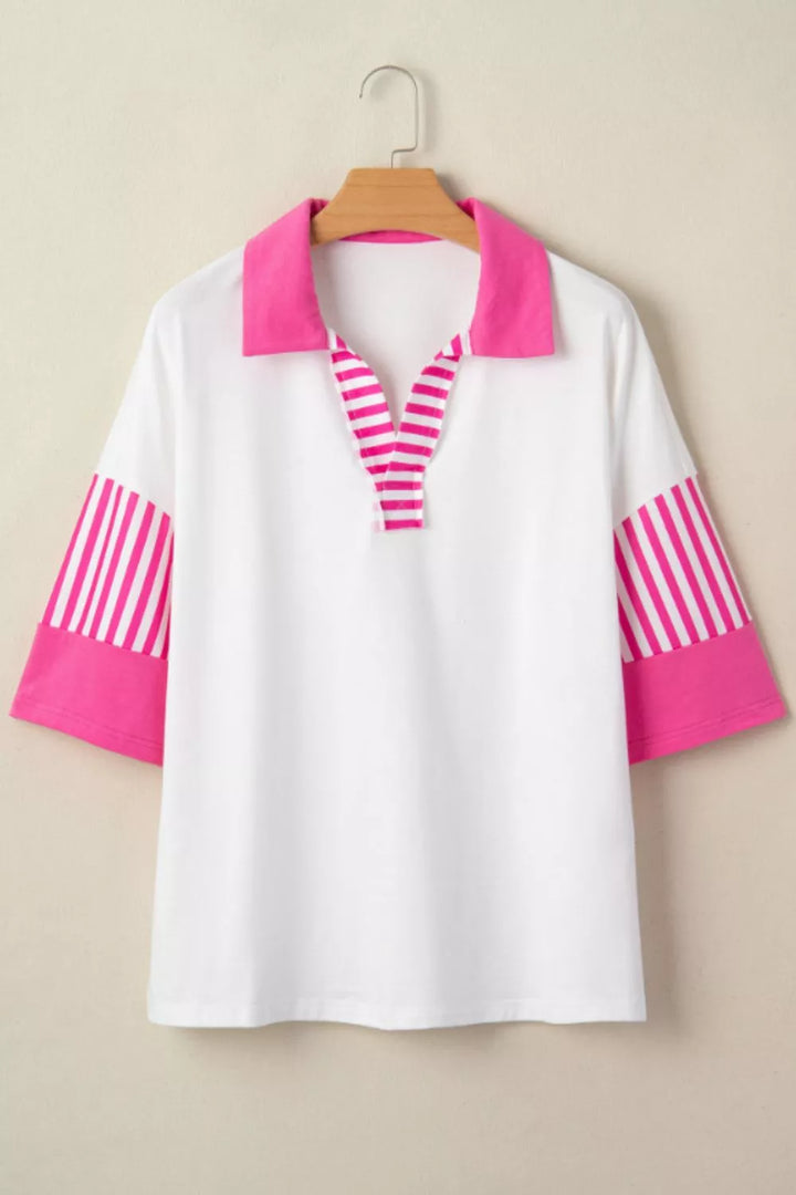 Striped Color Block Patchwork Polo Collar Half Sleeve T Shirt