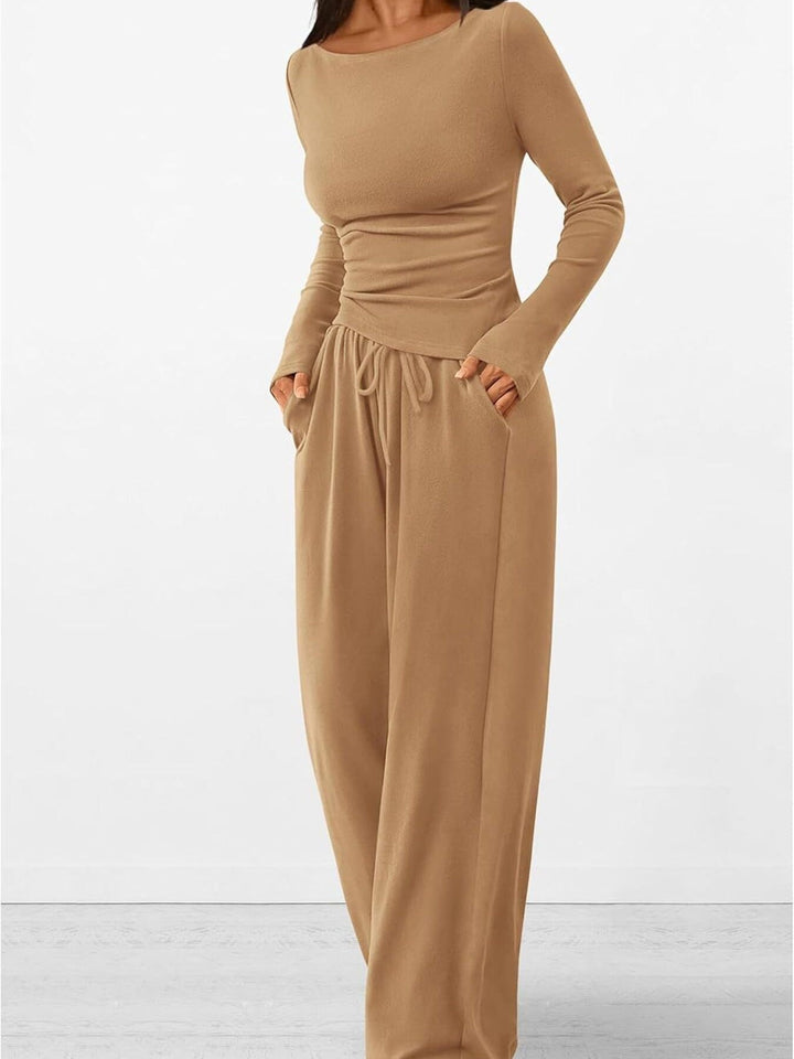 Round Neck Long Sleeve Top and Pants Set