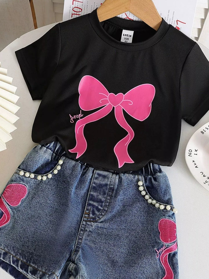 Children's Bowknot T-shirt and Denim Shorts Set