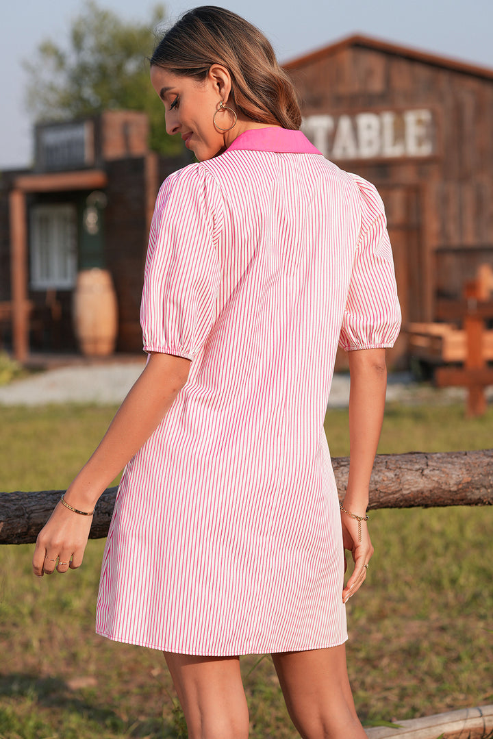 Rose Stripe Color Block Patchwork Shirt Collar Button Down Puff Sleeve Mini Dress