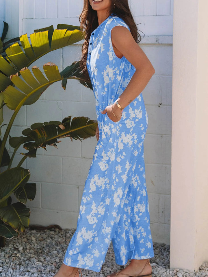 Printed Button-Front Wide Leg Jumpsuit