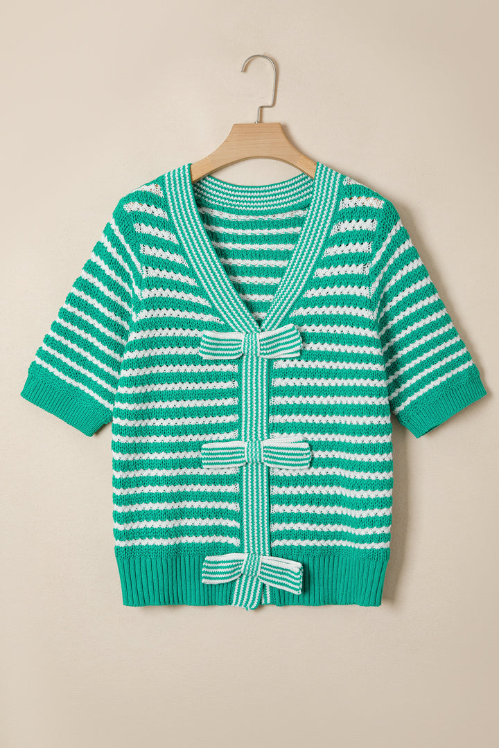 Green Stripe Short Sleeve Knit V Neck Bow Knot Sweater