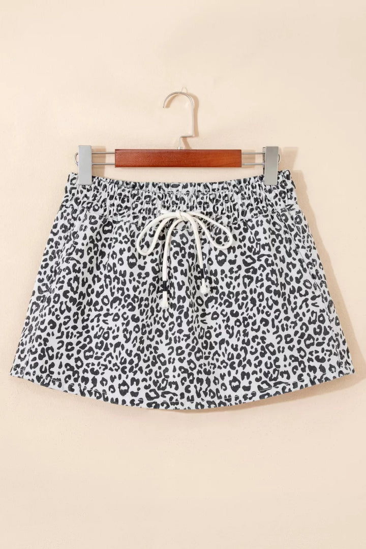 Leopard Print Tassel Drawstring Casual Denim Skort