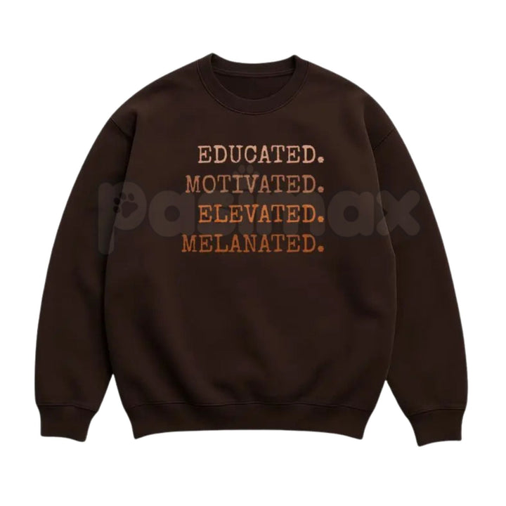 Educated Motivated Elevated Melanated Sweatshirt | Retro University Black Excellence Crewneck | Vintage HBCU Pride Jumper | Melanated Scholars Graphic Pullover | Academic Empowerment Top | Black History Month 2026 Shirt