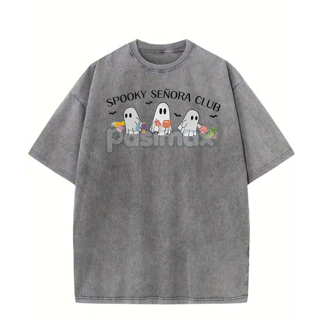 "Spooky Señora Club" Vintage Acid Wash T-Shirt – Unisex Graphic Shirt, Retro Vibe