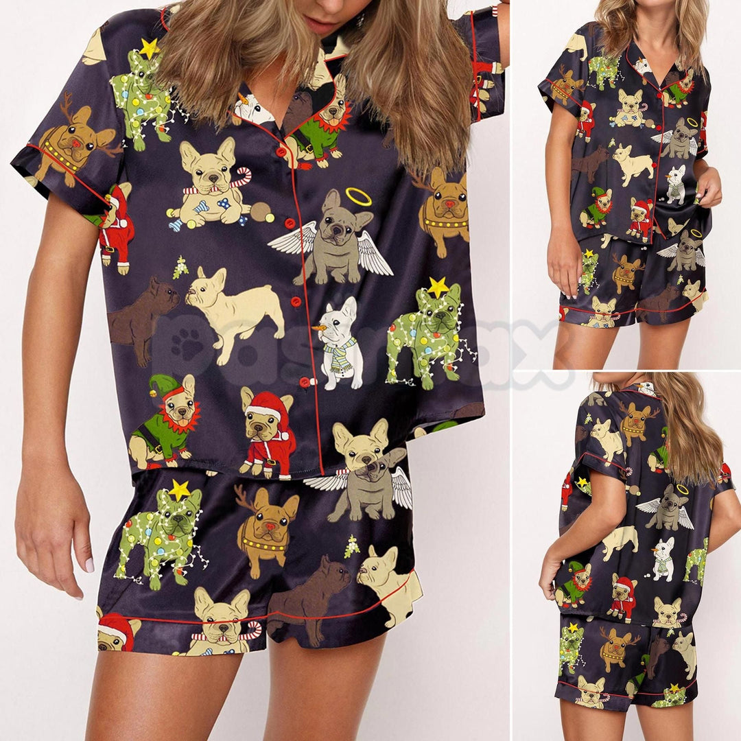Christmas French Bulldog Satin Pajama Set for Women - Comfy Silky Sleepwear & Loungewear PJs
