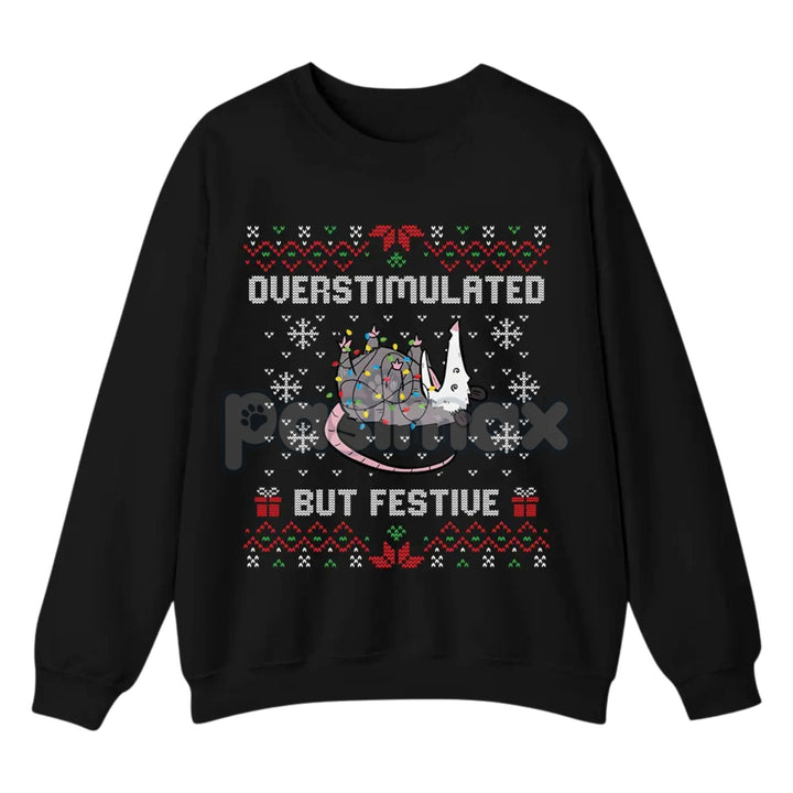 Funny Opossum Christmas Sweatshirt – "Overstimulated But Festive" Ugly Holiday Top