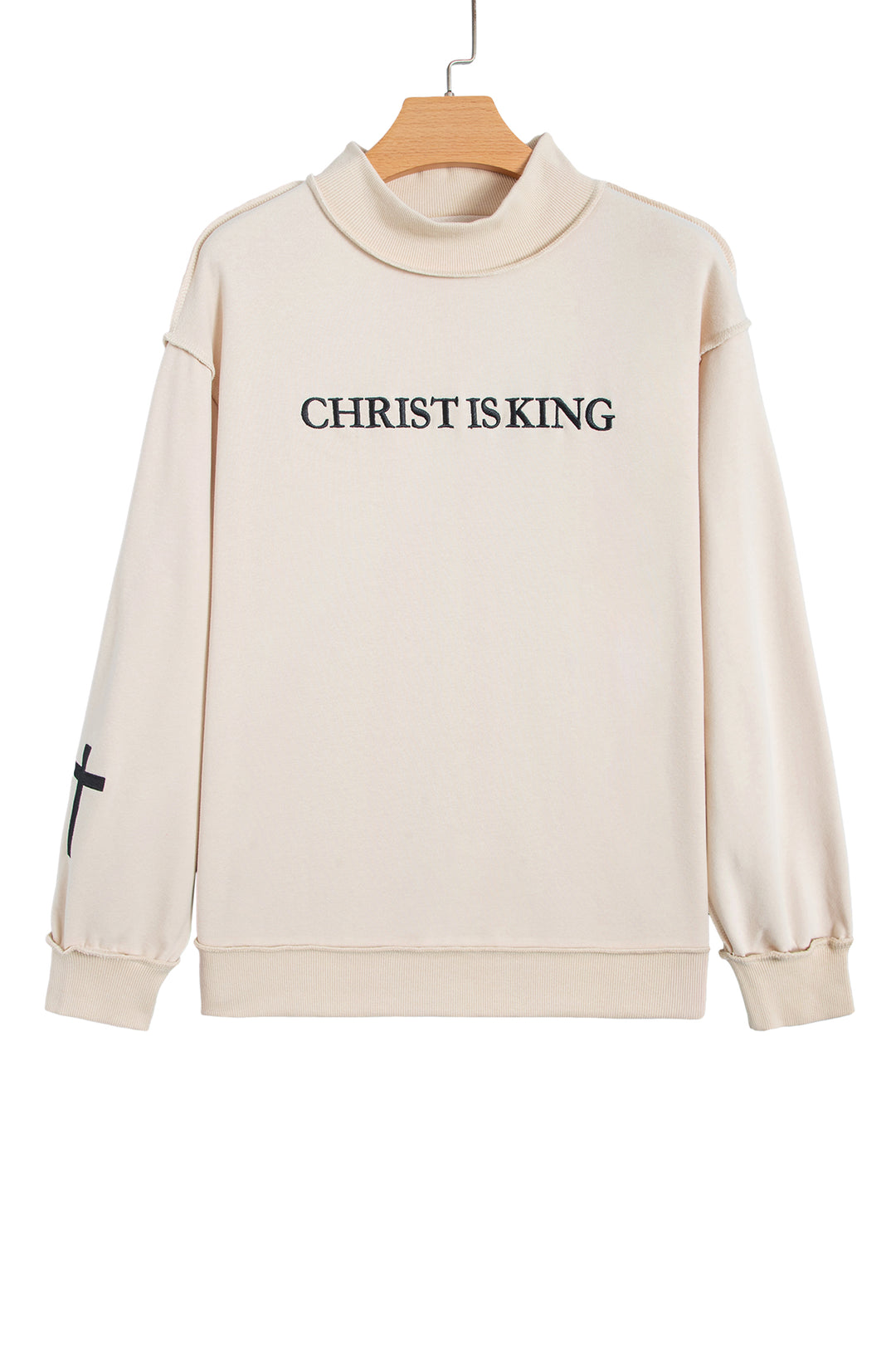 Beige CHRIST IS KING Embroidery High Neck Baggy Sweatshirt