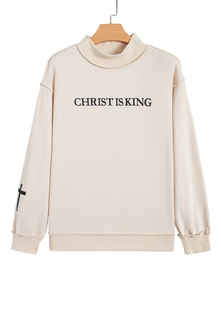 Beige CHRIST IS KING Embroidery High Neck Baggy Sweatshirt