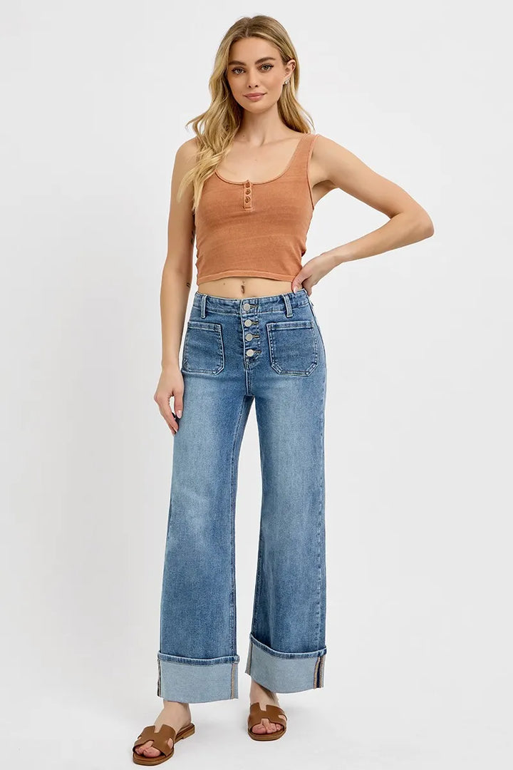 RISEN High Rise Ankle Wide Button Patch Pocket Cuffed Jeans