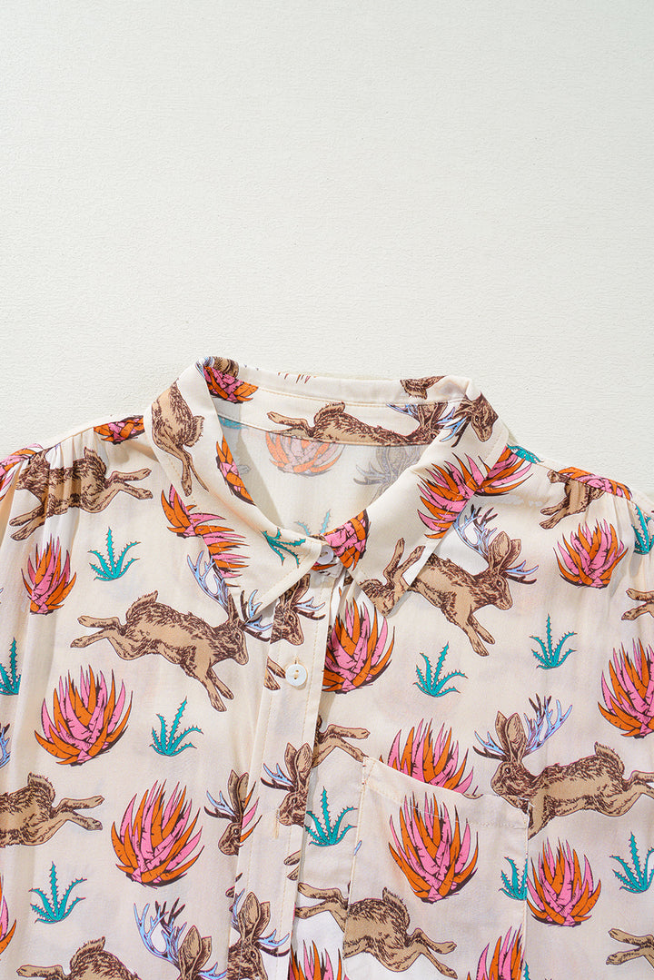 Chemise boutonnée à manches courtes et imprimé western kaki grande taille
