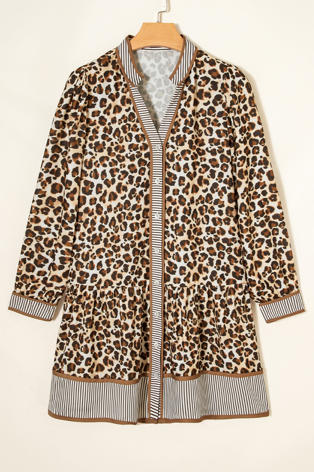 Brown Leopard Print Striped Patchwork 3/4 Sleeve Loose Mini Dress
