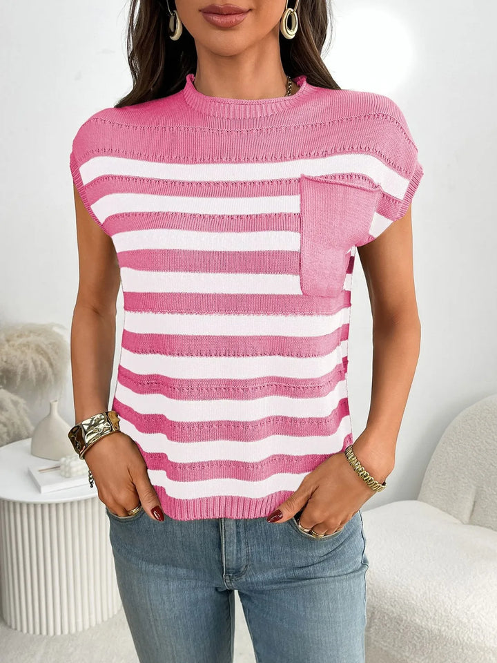 Striped Mock Neck Cap Sleeve Knit Top